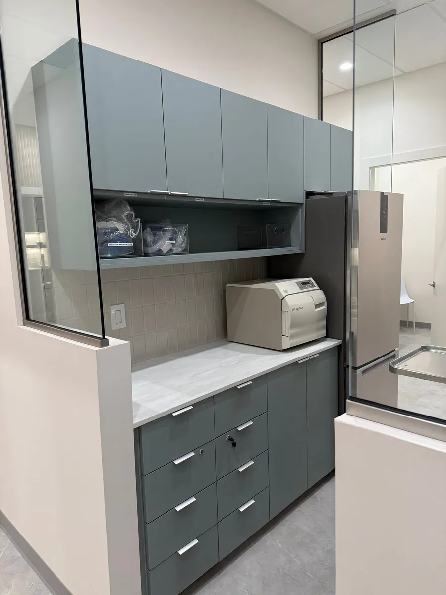 Custom clinic millwork: sterilization bay with grey-green cabinetry, quartz counter, and stainless fixtures
